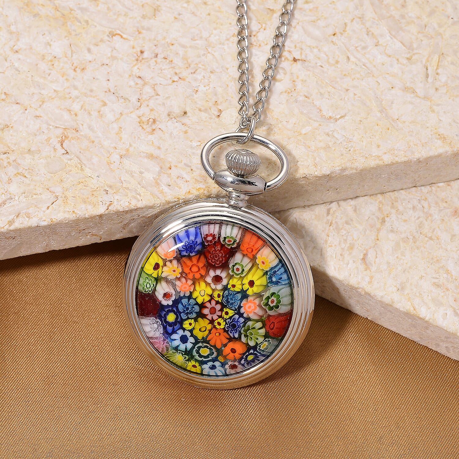 STRADA Murano Style Glass Pocket Watch 3ATM WR with  Chain